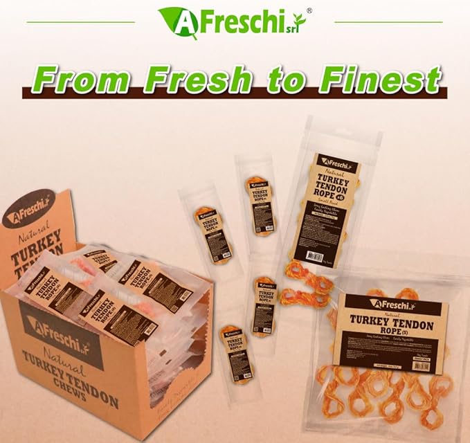 A Freschi srl Turkey Tendons for Dogs, USA-Sourced, Healthy Dog Treats, Rawhide-Free Puppy Chews, Long Lasting, All Natural, Hypoallergenic Dog Treats for Small Breeds, 8 oz Pack Rope (S)