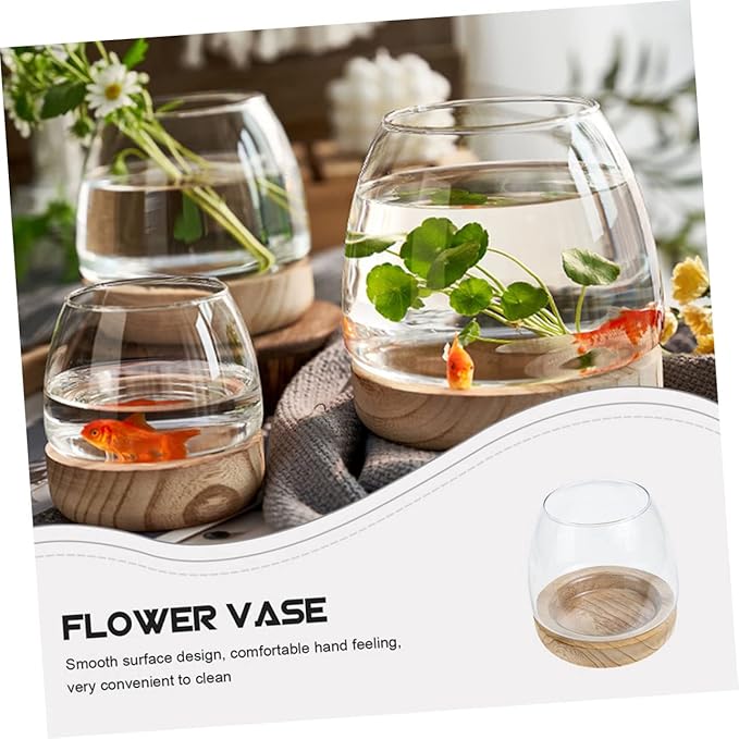 Sosoport 1set Decorative Glass Planter Wooden Base Unique Betta Fish Bowl Hydroponic Plants Container for Desktop Decor for Home Office Wedding Garden Settings