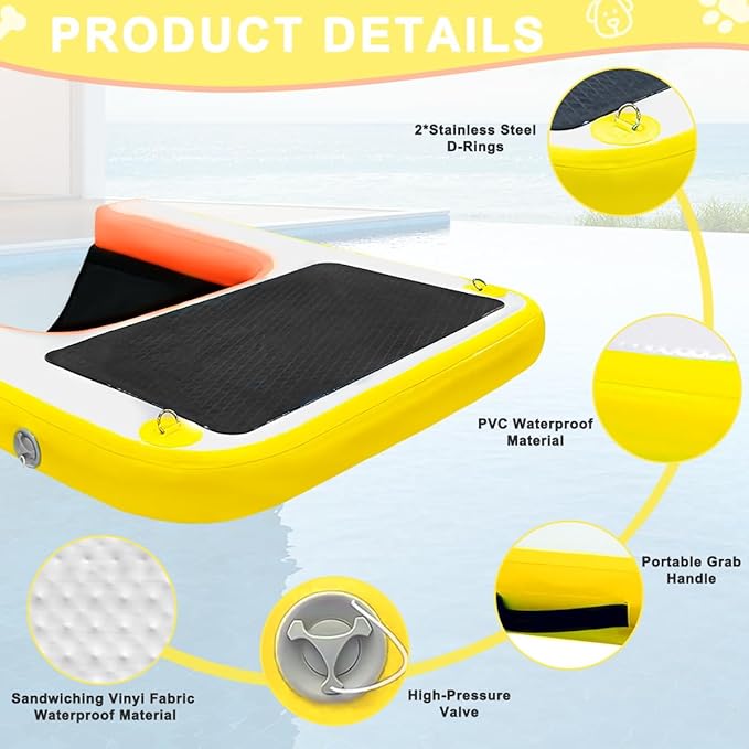 Inflatable Dog Water Ramp, Non-Slip Floating Dock Ladder for Pools, Boats & Lakes, Pool Ramp for Dogs Up to 200 Pounds, Orange Yellow