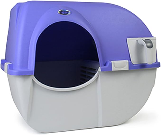 Omega Paw Roll 'n Clean Plastic Indoor Outdoor Automatic Self Cleaning Litter Box with Enclosed Lid for Regular Sized Cats up to 12 Pounds, Periwinkle