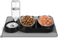 Cat Food and Water Bowl Set, Stainless Steel Raised Cat Bowls with Automatic Water Bottle & Waterproof Mat for Cats/Puppies, 3 in 1 Pet Feeding Station for Wet/Dry Food, Black