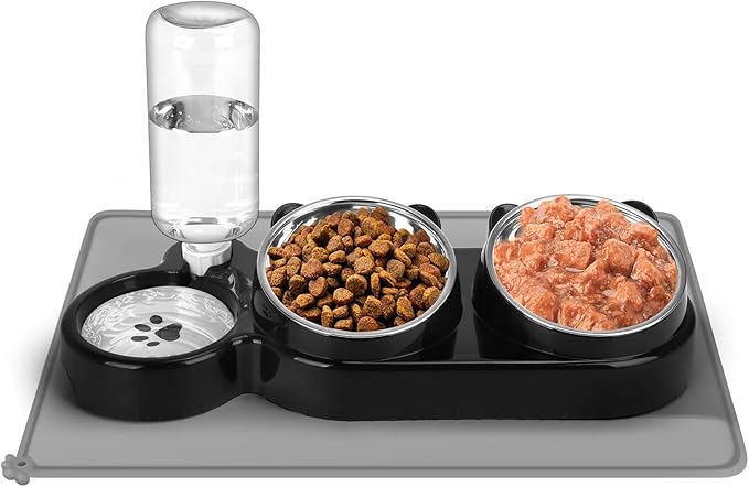 Cat Food and Water Bowl Set, Stainless Steel Raised Cat Bowls with Automatic Water Bottle & Waterproof Mat for Cats/Puppies, 3 in 1 Pet Feeding Station for Wet/Dry Food, Black