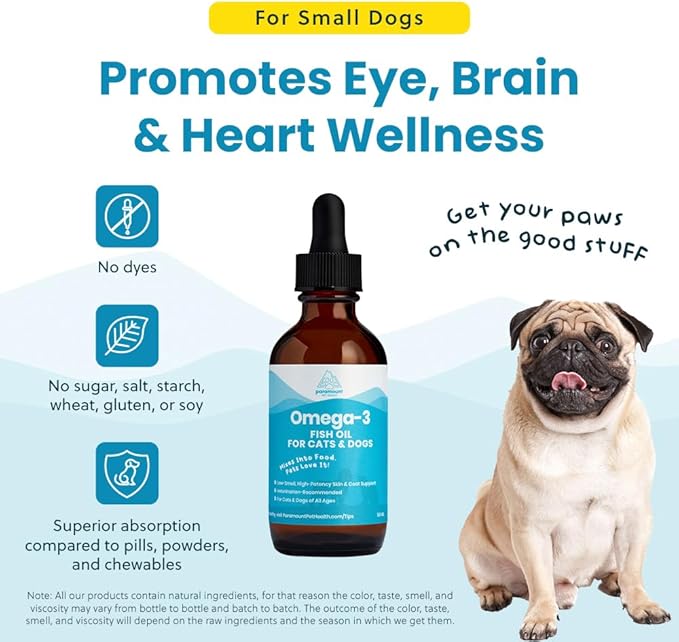 Paramount Pet Health Wild-Caught Omega 3 Fish Oil for Dogs & Cats, Liquid EPA DHA Supplement for Skin, Coat, Joints & Heart, Low-Odor Omega 3 Drops for Small Dog Breeds & Cats with Itchy Skin, 2 oz