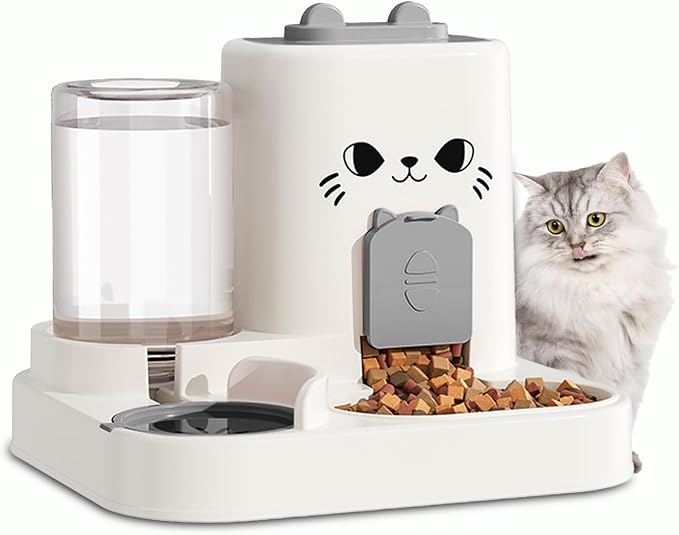 Gravity Cat Feeder, 2-in-1 Gravity Cat Food and Water Dispenser, Small Food Water Dispenser Set with Funny Cat Stick for Small Pets Cats Dogs Puppy Kitten, Easy to Clean