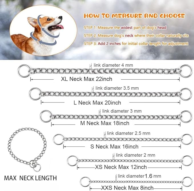 Chain Choke Collar for Dogs, Metal Slip Link Training Heavy Duty Dog Collar Martingale Puppy Collars for XXS XS Small Medium Large Big XL Breed Dogs (Gold, L(Neck Max 20inch) D3.5mm)