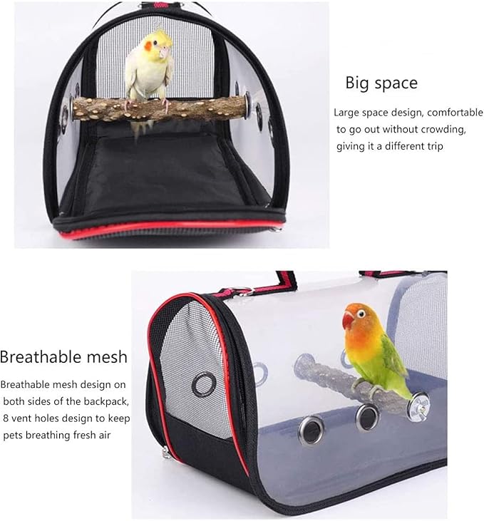 qiuqiu Bird Carrier Bag, Multifunctional, for Pets, Parrots, Cage, Light, Portable, with Shoulder Strap, Breathable, Double Zipper, Outdoor, Camping, Transparent-Red