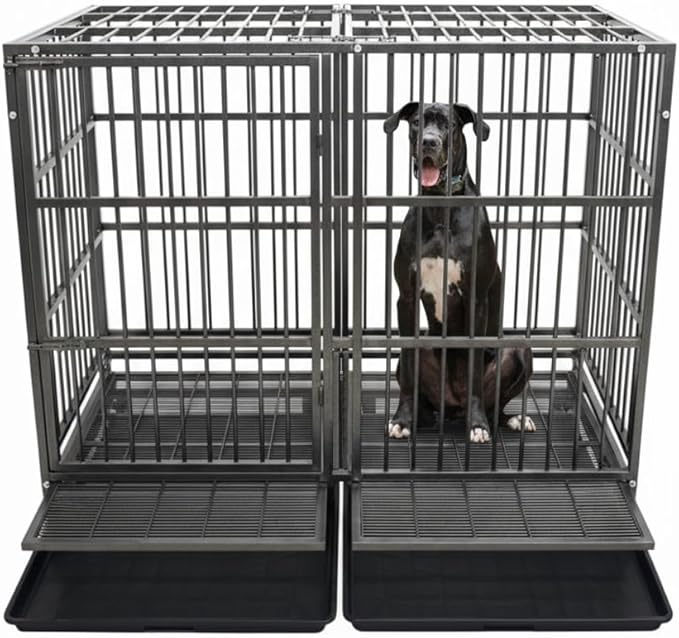 54 inch Heavy Duty Indestructible and Escape-Proof Dog Crate Cage Kennel for Large Dogs, High Anxiety Dog Crate with Removable Wire Trays and Wheels, Extra Large XL XXL, Black