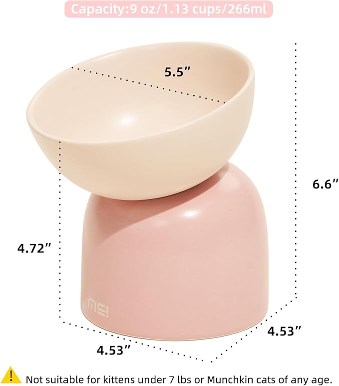 Elevated Ceramic Cat Food Bowl - 5.5" Wide Dish for Whikser Friendly, 6.6" Height for Easy Feeding, Lead & Cadmium Free, Durable Raised Cat Food Bowls, Pink