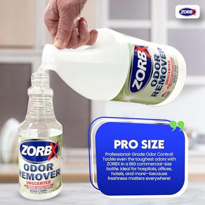 ZORBX Unscented Odor Eliminator for Strong Odor 64 oz - Used in Hospitals & Healthcare Facilities - Advanced Trusted Formula, Fast-Acting Odor Remover Spray for Dog, Cat, House & Carpet