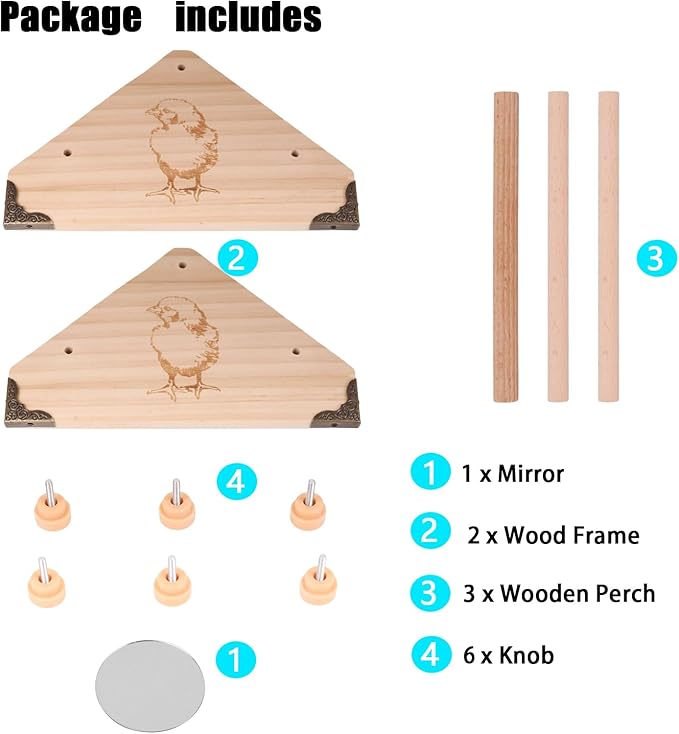 Pine Chicken Perch with Mirror and Metal Corners, Strong Solid Mini Small Chick Jungle Gym Roosting Bar, Chicken Toys for Coop and Brooder, Training Perch Toys for Large Bird, Parrot, Macaw, Hens
