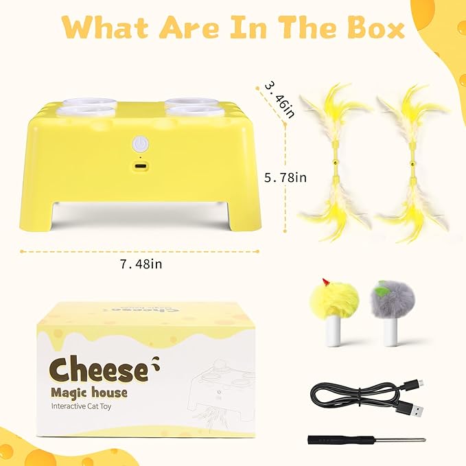 Interactive Cat Toy for Indoor Cats, 3 Modes Feathers Toy, Rechargeable 4 Holes Mole Cat Toys, Cheese Box for Kitten, 4 Accessories (Yellow)