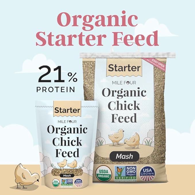 Mile Four Organic Chicken Feed (46 lbs) Starter Chick Mash, Non-GMO, USA Grown, 21% Protein, Corn-Free, Soy-Free, Non-Medicated Chick Feed