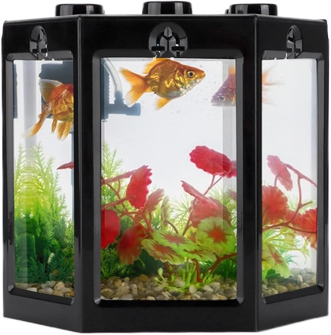 Small Betta Fish Tank Hex Shape Stackable Mini Aquarium Tank Portable Plastic Fish Bowl for Small Fish, Shrimp, Crab, Spide (Black)