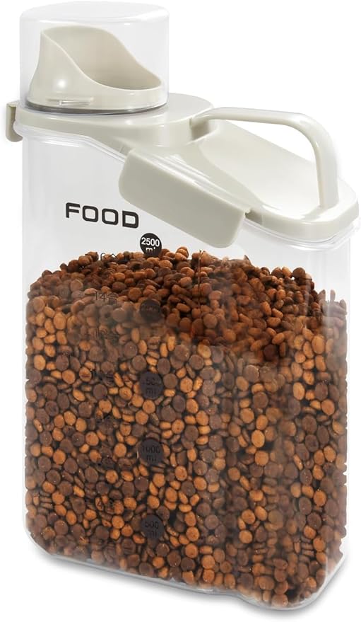 Dog Food Storage Container, Pet Food Container with Airtight Pour Spout, Cat Food Storage Container with Measuring Cups, Portable Pet Food Container for Dogs, Cats, Birds（White）