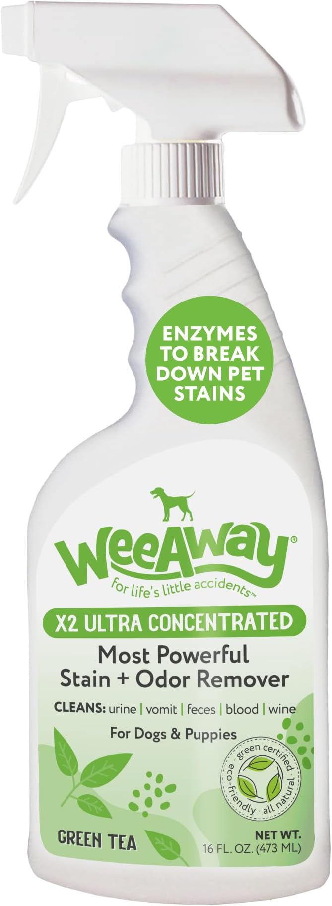 Wee Away X2 Ultra-Concentrated Stain & Strong Odor Eliminator, Enzyme Cleaner, Pet Odor Eliminator for Home - Dog Urine Destroyer - Carpet Cleaner Spray, Green Tea Scent, 16 fl oz
