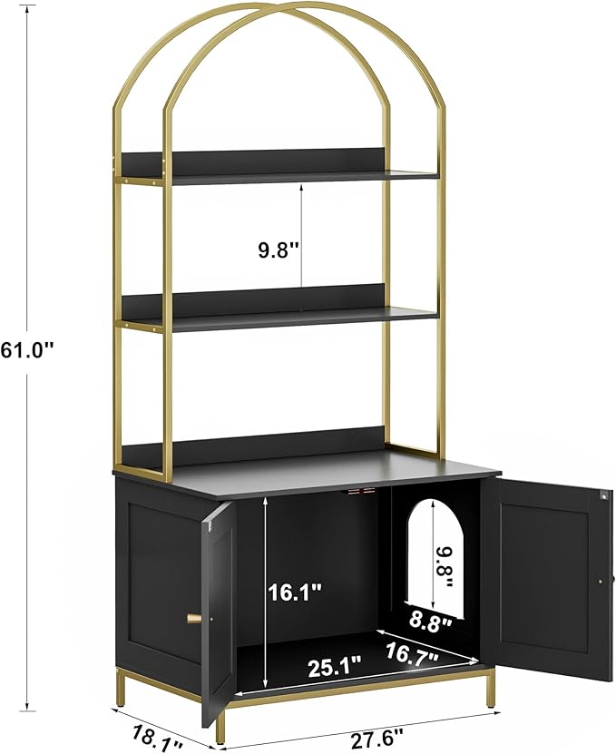 Homhedy Cat Litter Box Enclosure, Litter Box Furniture Hidden with 2-Tier Storage Shelves, Wooden Cat Washroom Furniture with Metal Frame, Modern Style, Black and Gold