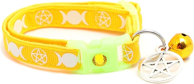 Wicca Cat Collar with Occult Charm & Bell | Witch’s Familiar Cat Collar | Witch Kitten Collar Charms | Glow in The Dark | Safety Breakaway Collar (Small(10lbs & Less), Yellow)
