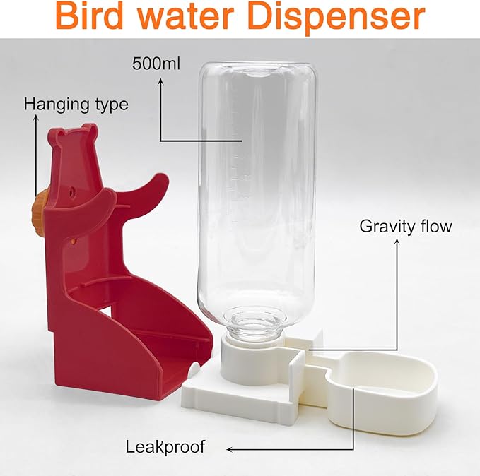 VCEPJH No Mess Bird Feeder and Water Dispenser Automatic Parrot Feeder Cage Accessories Orange Bird Drinker Parakeet Seed Dispenser with Cage Perch for Lovebirds Conures Budgies Canary Finch (Red)