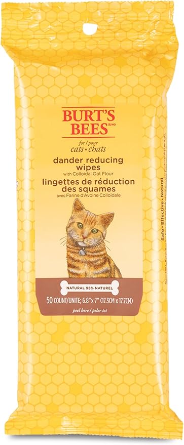 Burt's Bees for Pets Cat Dander Remover Wipes, Unscented Soft Grooming Cloths with Colloidal Oat Flour + Aloe, Helps Reduce Flaking Between Baths for Cats & Kittens, 50 Count - Pack