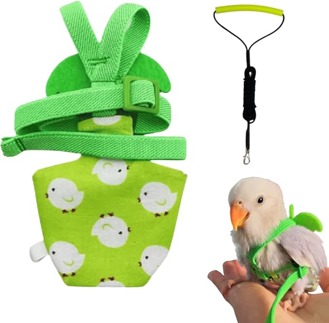 Adjustable Bird Diaper Harness Flight Suit Clothes with 80 Inch Flying Leash Rope for Parrots Conure Cockatiel (Green,Sulphur-Crested Cockatoo)