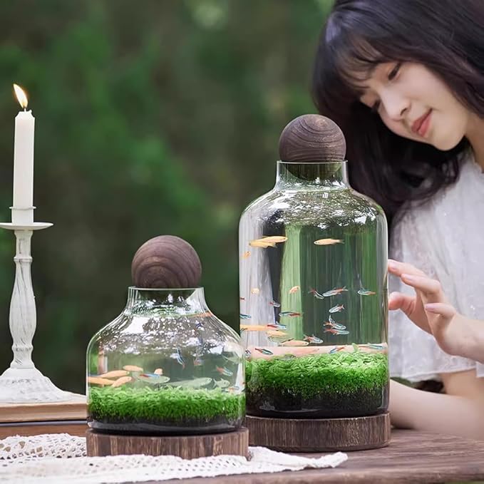 Glass Aquarium with Wooden Base, Microecosphere Fish Tank, Transparent Bottle-Shaped Batta Fish Bowel, Micro-Landscape Ecological Aquarium, Modern Glass Goldfish Tank,L