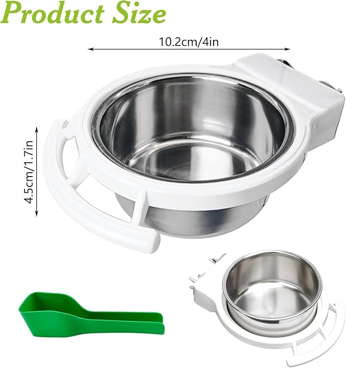 BNOSDM 2 PCS Bird Feeding Dish Cups Perch Stand Hanging Stainless Steel Bird Bowls Food Container Food and Water Bowls with Spoon for Budgie Cockatoo Finch Lovebirds Pigeons (White)
