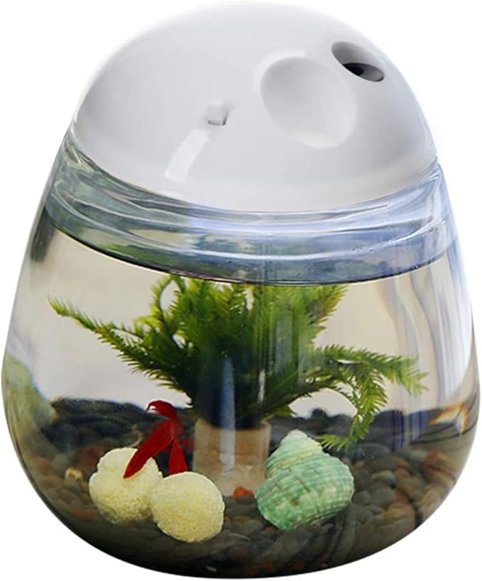 Mini Betta Fish Tank, Small Fish Bowl, Plastic Fish Tank with Lid, Desktop Clear Round Fish Bowl and LED for Small Fish, Insect, Shrimp, Crab, Jellyfish Goldfish, Room Decor (with Charger Pattern)