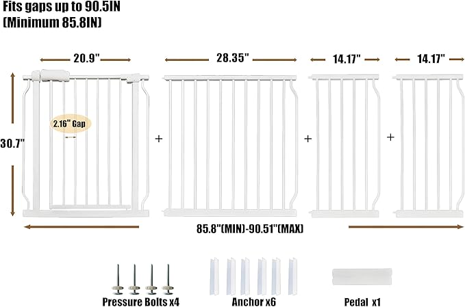 Extra Wide Baby Gate 85.8-90.5 Inch, Pressure Mounted No Drilling, for Stairs & Doorways, Metal White Indoor Safety Gate for Kids and Dogs
