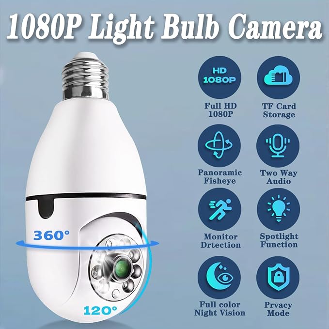 Light Bulb Security Camera,2K Wireless Light Bulb Camera for Pet Camera, 360 ° PTZ Light Socket Camera with Motion Detection Auto Tracking