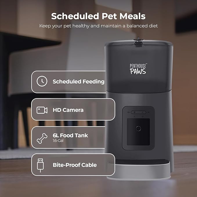 Penthouse Paws Smart HD Automatic Pet Feeder, 6L Dry Food Capacity, 1080p Camera, 2-Way Audio, Scheduled Meals, Backup Power, Easy to Clean, Anti-Jam Design for Cat & Dog, Black/Stainless Steel