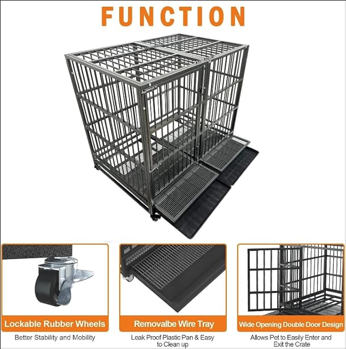 54 Inch Heavy Duty Dog Crate Cage with Wheels, Indestructible and Escape Proof Steel Kennel Indoor for High Anxiety Dogs with Sturdy Locks, Double Door and Tray, Extra Large XL XXL