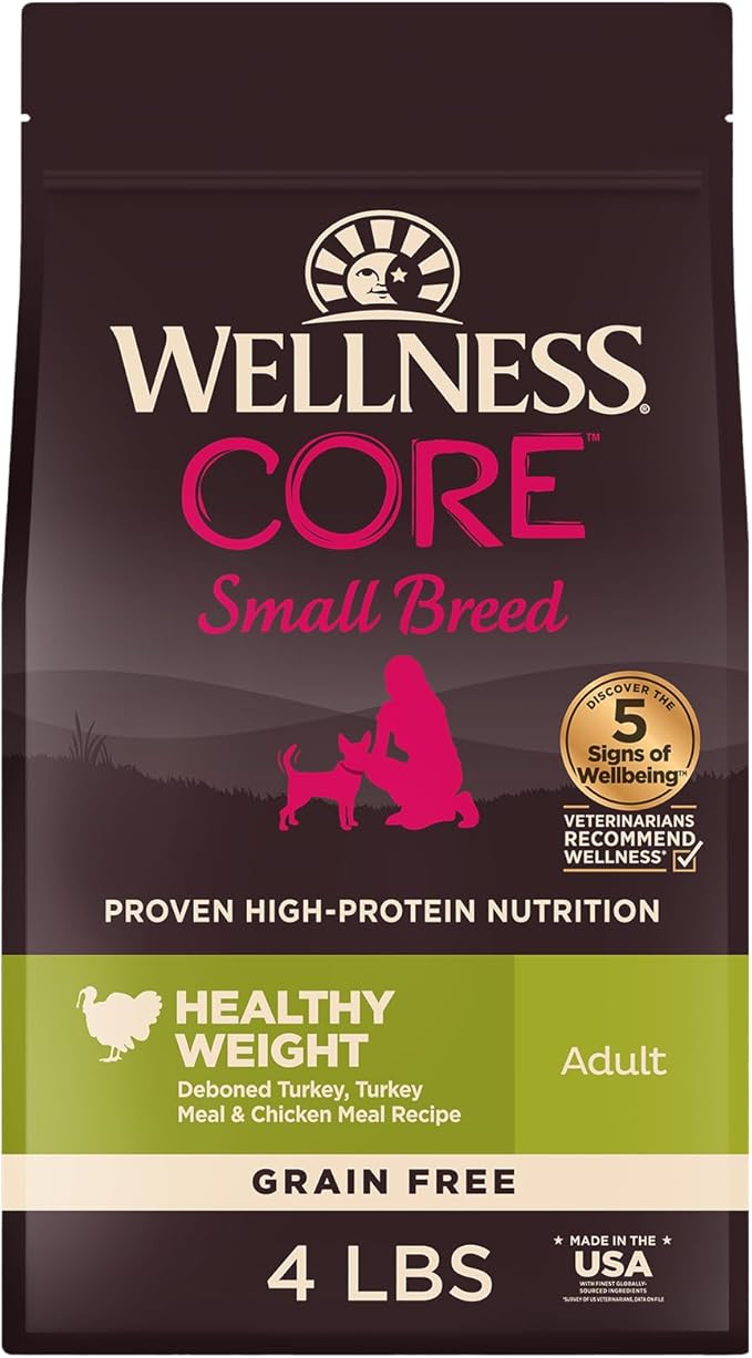 Wellness CORE Healthy Weight Small Breed Adult Dry Dog Food, Grain Free Kibble, Natural, High Protein, Turkey and Chicken Recipe, 4 lb Bag