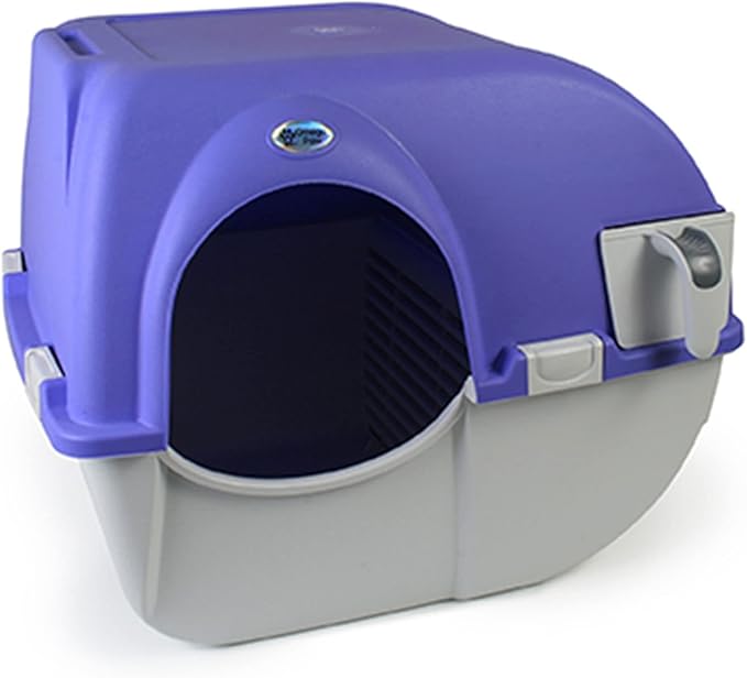Omega Paw Roll 'n Clean Plastic Indoor Outdoor Automatic Self Cleaning Litter Box with Enclosed Lid for Regular Sized Cats up to 12 Pounds, Periwinkle