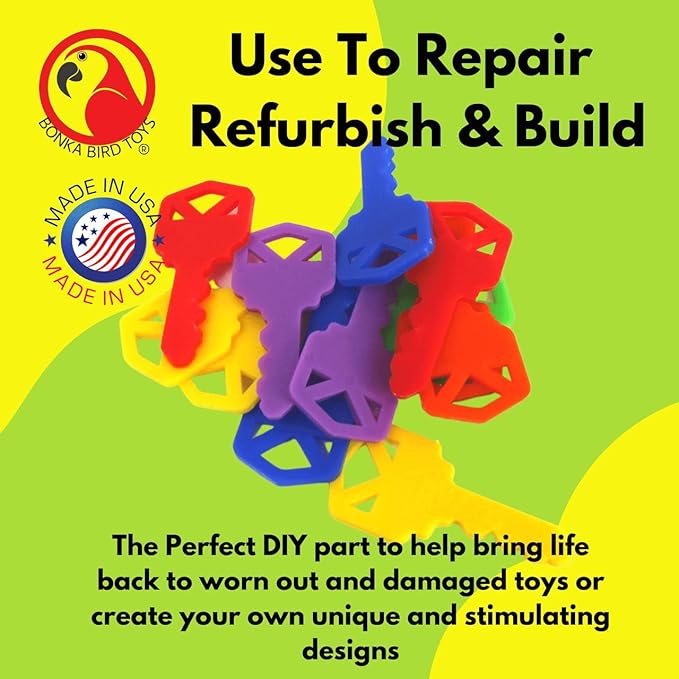 Bonka Bird Toys 2290 Pk12 Plastic Keys for Birds, Non-Toxic Chewable Plastic, Colorful Toy Pack for Parrots, Cockatiels, Budgies, and Small to Medium-Sized Birds, 6 Vibrant Colors