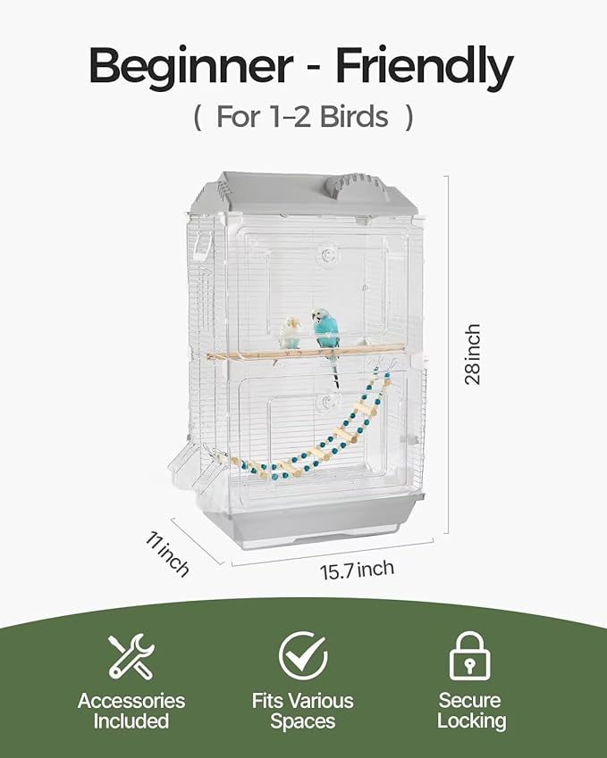 Clear View Bird Cage, Indoor & Travel Small Birdcage for Parakeet, Parrot, Budgies, Cockatiels, Canary |Easy Clean Safe Materials (Gray, Medium)