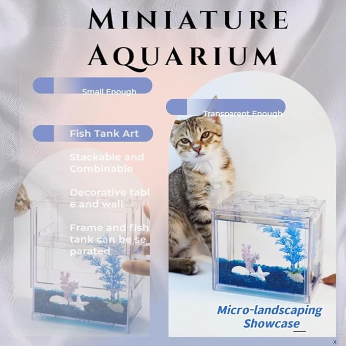Small Betta Fish Tank, Mini Fish Tank Aquarium Tank Kit with Blue Gravel & Resin Decorations, 0.6 Gallon Stackable Fish Bowl Tiny Desktop Aquarium for Sea Monkey Shrimp