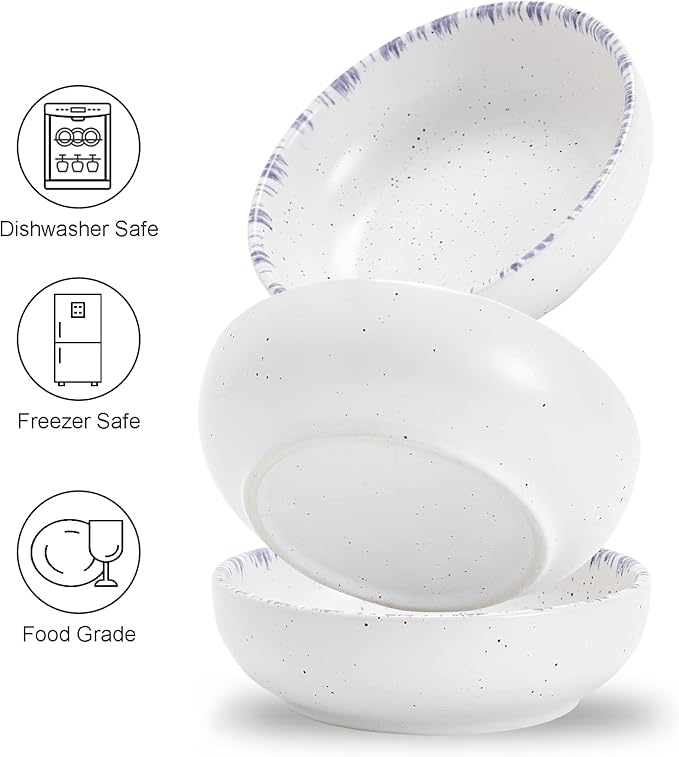 Howise Ceramic Cat Bowls, 5.19 in Cat Food Bowl Cat Dishes for Food and Water, 3 Pack Shallow Pet Bowls for Indoor Cats, White with Violet Blue