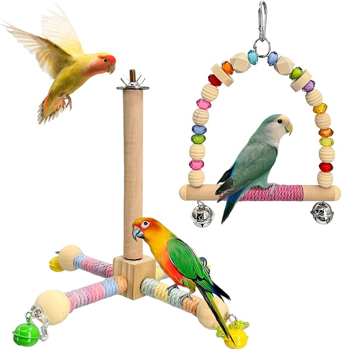 2 Pcs Parakeet Toys with 9 Inch Hanging Perch & 7.8 Inch Wooden Swing,Wooden Bird Cage Accessories to Relieve Boredom and Anxiety,Ideal for Parrots, Budgies, Cockatiels and Other Pet Birds