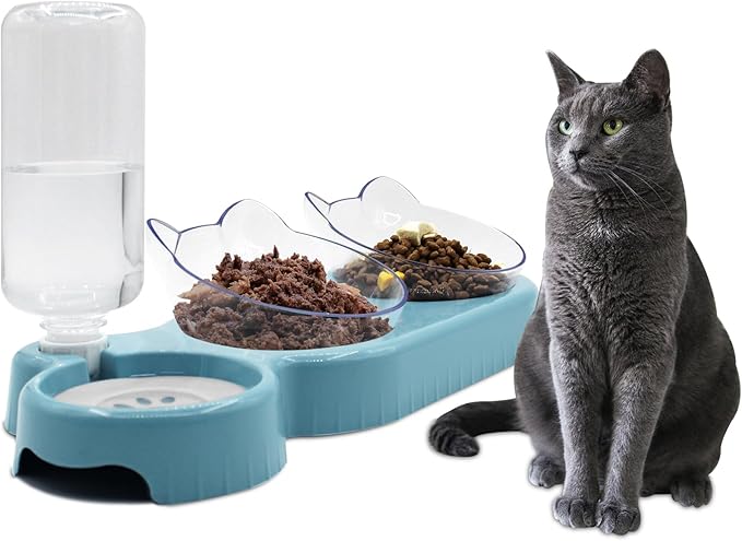 Sky Blue Triple Cat Bowls with 15 Tilt, 3-in-1 Automatic Water & Food Feeder, Whisker-Friendly Elevated Dishes for Small Cats & Puppies