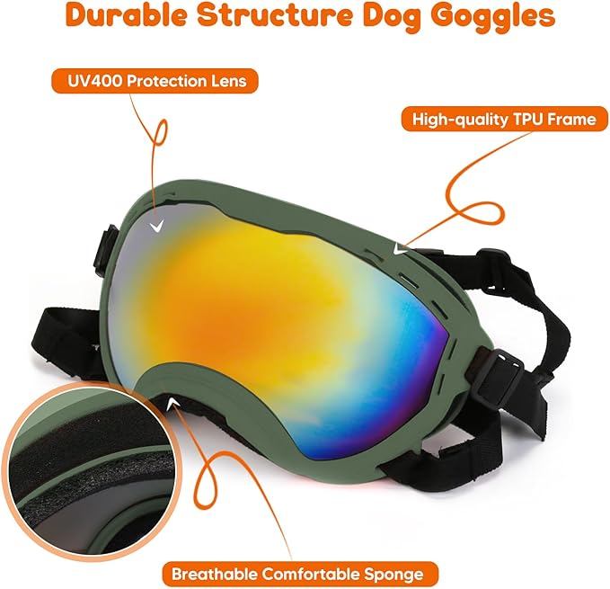 Dog Goggles,UV Protection Dog Sunglasses for Medium-Large Breed,Dogs Eye Protection with Adjustable Strap (Army Green)