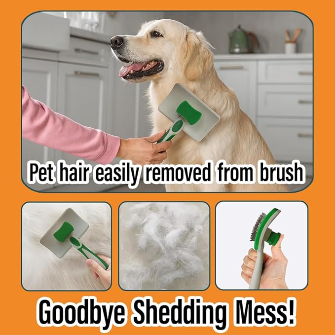 2 Pcs Self Cleaning Slicker Brush & Bath Brush For Dogs and Cats - Skin Friendly Deshedding Grooming Tool, Premium Pet Supplies, Green