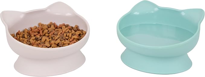 Kitty City Elevated Cat Bowls (Set of 2), Whisker-Friendly Raised Cat Food & Water Dishes, Modern Pedestal Design, Dishwasher Safe, 10.8 oz Each – Pink & Teal
