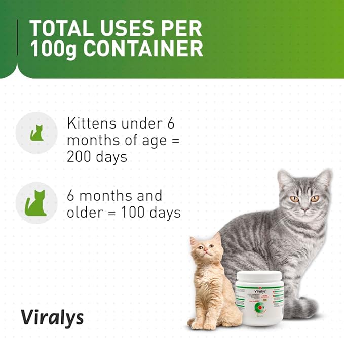 Vetoquinol Viralys Daily L-Lysine Powder for Cats and Kittens, Fish Flavored Lysine Supplement for Cats and Kittens to Support Immune Health, Normal Eye Function and Respiratory Health, 100gm