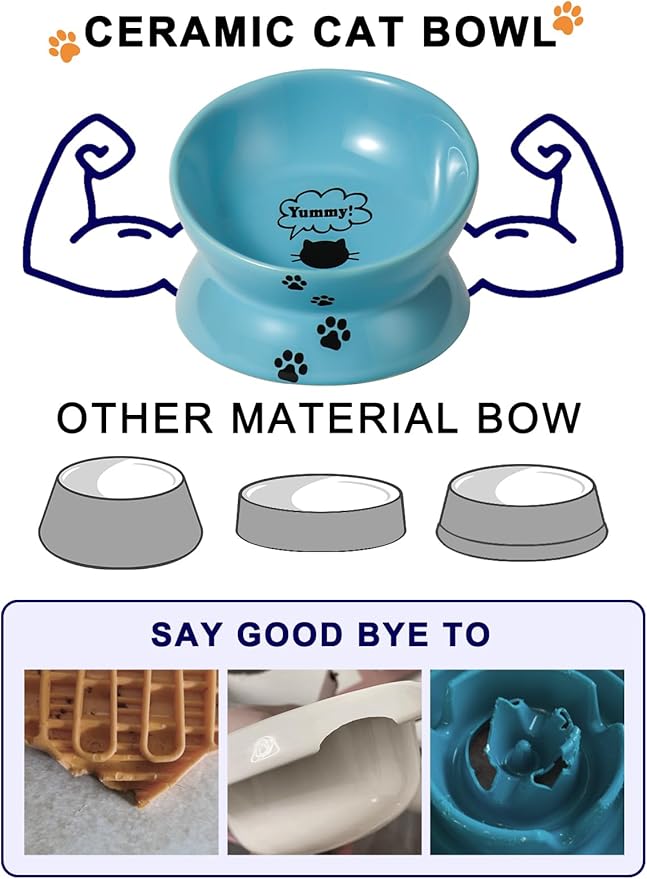 Y YHY Elevated Cat Food Bowl, Ceramic Raised Bowl, Tilt Angle Protects Cat's Spine, Anti Vomiting Dish, Backflow Prevention, Lake Blue