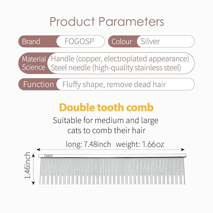 7.5" Cat Carding Dual Tooth Comb for Long Haired Cats & Dogs Ragdoll Round Corners Prevent Friction and Breakage Chrome Finish(L, Dual)