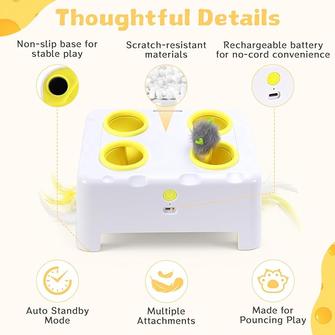 Interactive Cat Toy for Indoor Cats, 3 Modes Feathers Toy, Rechargeable 4 Holes Mole Cat Toys, Cheese Box for Kitten, 4 Accessories (White)