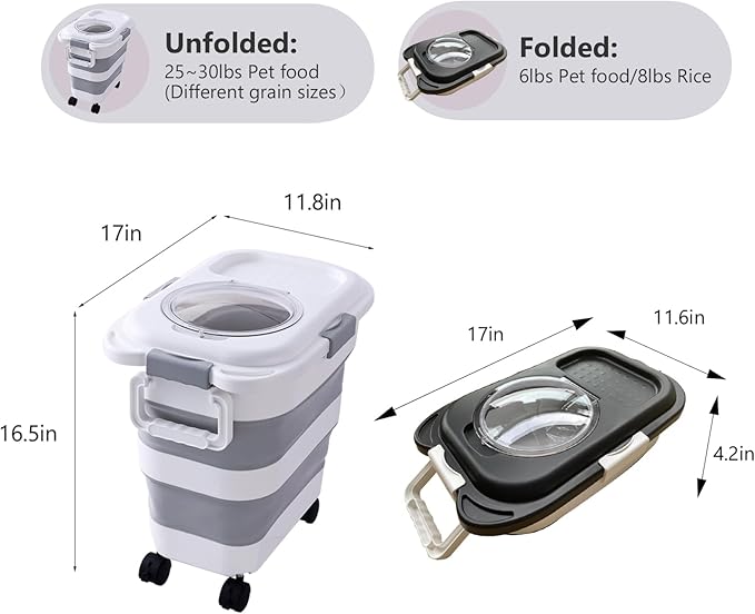 2pack 25 lbs Dog Food Storage Container,Collapsible Dog Food Container with Scoop,Pet/Dog/Cat/Bird Food/Cat litter Storage Containers to Keep Dry,Easy to Move.(Black+white)