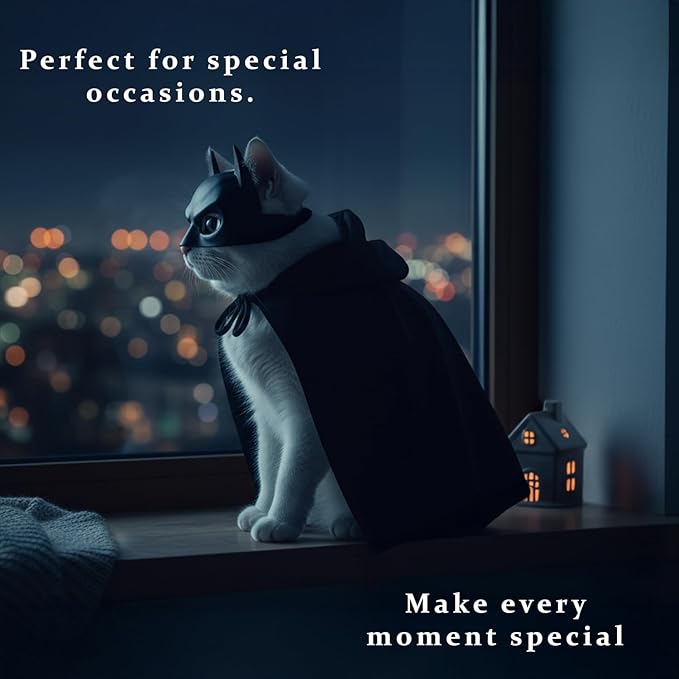 Black Bat Cat Mask and Cloak Costume for Indoor Cats, Funny Superhero Pet Outfit for Christmas, Cosplay, Parties and Photoshoots, Hooded Cape for Cats – Big Size
