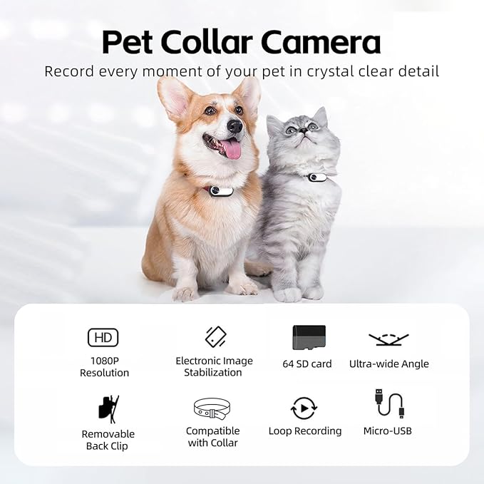 MANON ROSA Pet Collar Camera, Mini Action Camera with 64G SDCard, HD1080P Wireless Dog Cat Collar Camera for Video Records Tracker Monitor, Supports USB& OTG Connection (White)