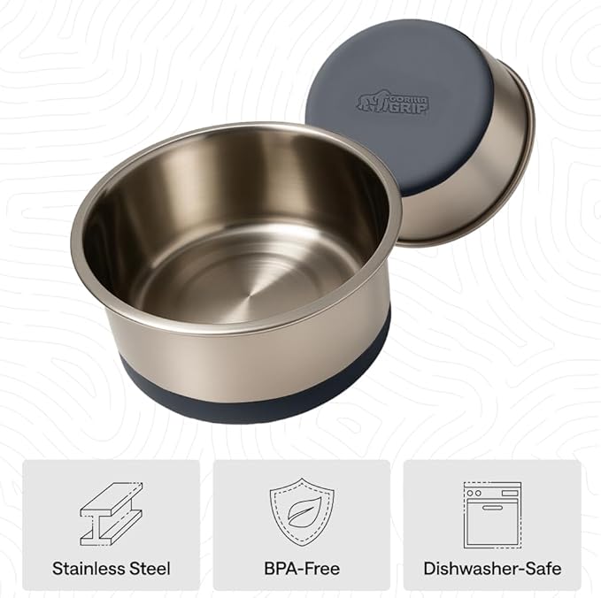 GORILLA GRIP Dog Bowls, Heavy Duty 304 Stainless Steel, Holds 2 Cups Each (16 fl oz) Food and Water Bowl for Feeding Dogs and Cats, Dishwasher Safe, Rust Resistant, BPA Free Rubber Base Set of 2 Gray